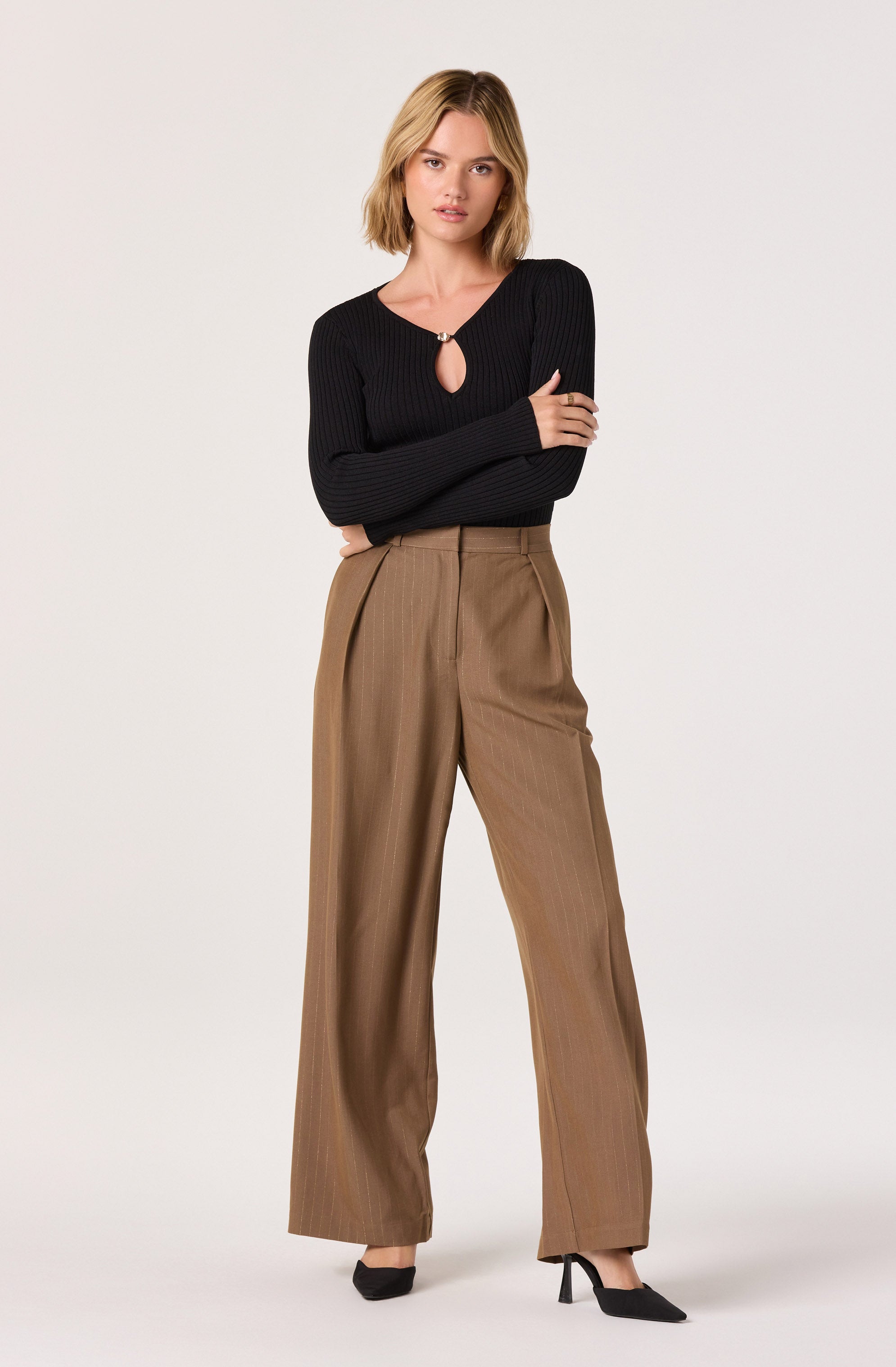 Pleated Metallic Pinstripe Trouser