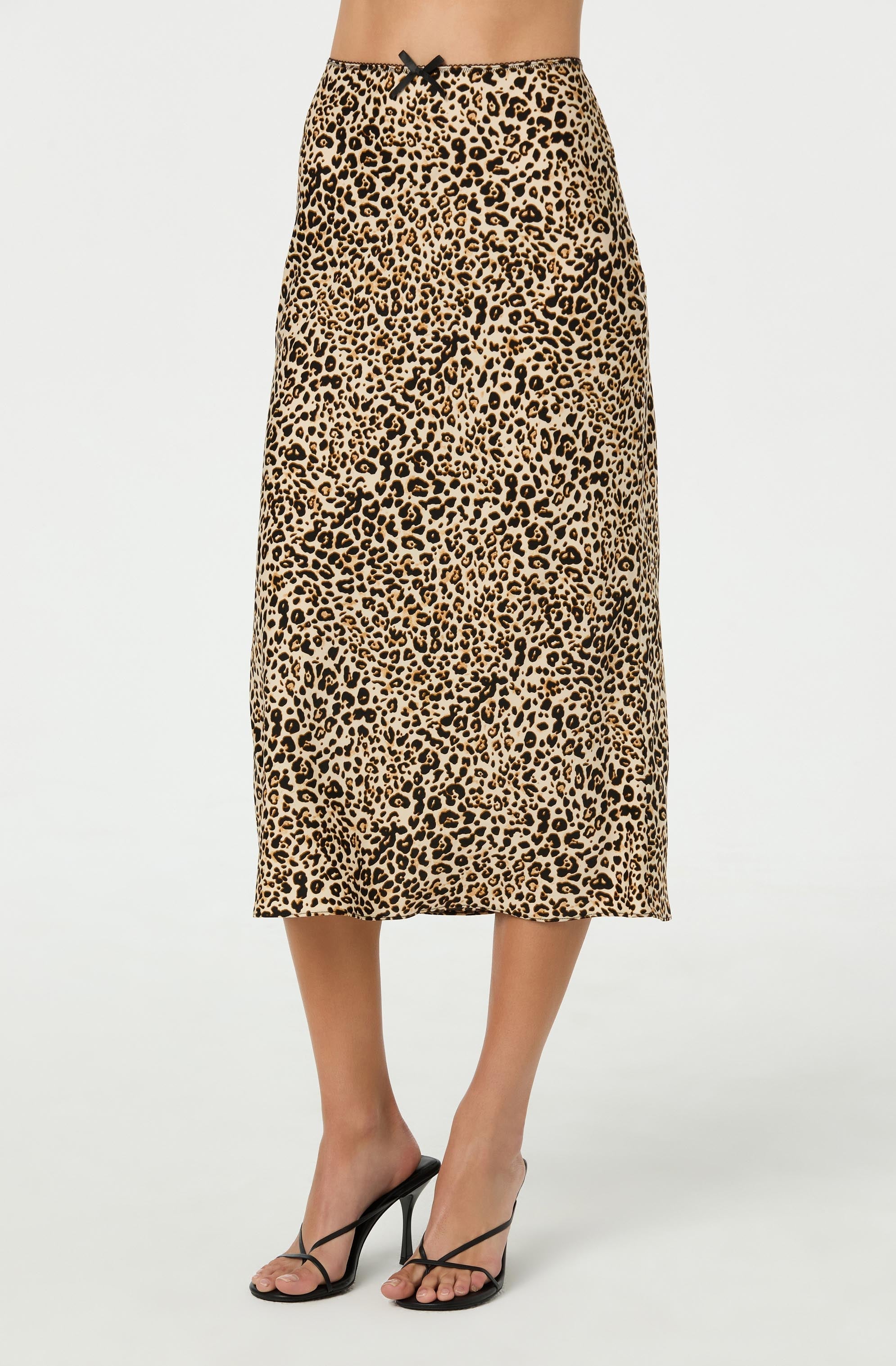 Satin Leopard Print Midi Skirt