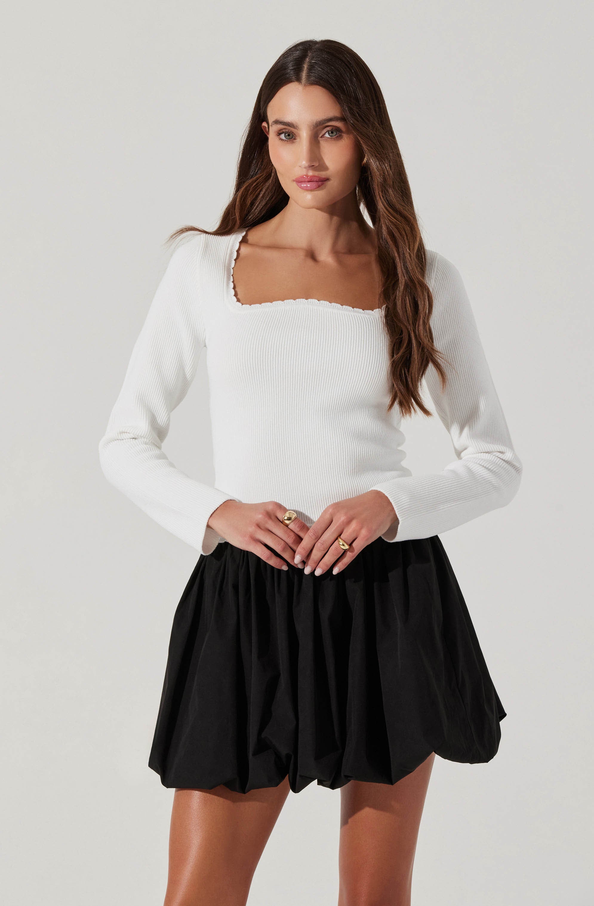 Scallop Trim Ribbed Knit Top