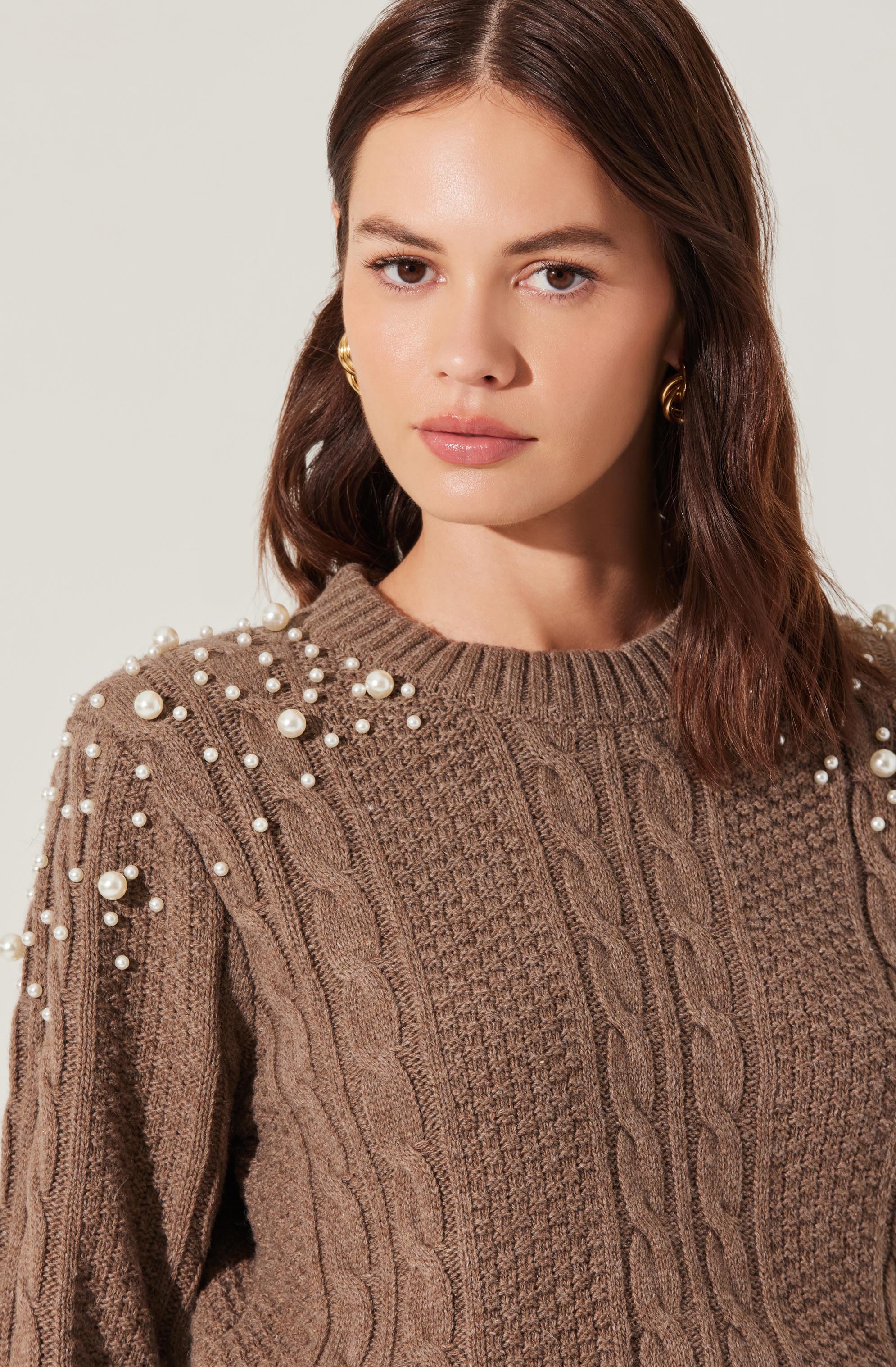 Pearl Embellished Cable Knit Sweater