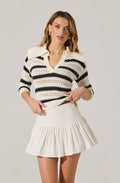 Striped Open Knit Polo Sweater
