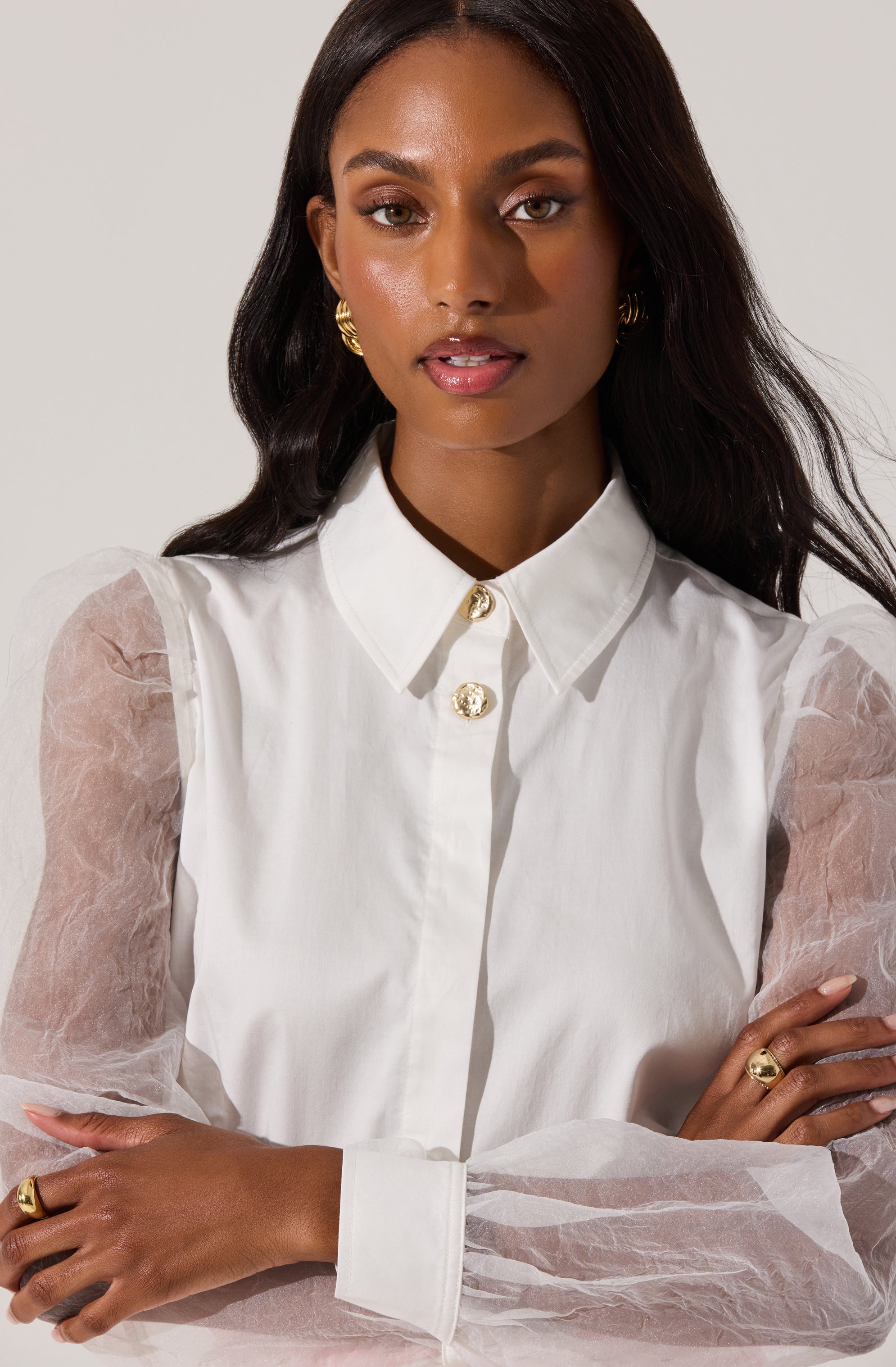 Sheer Sleeve Button Up Shirt