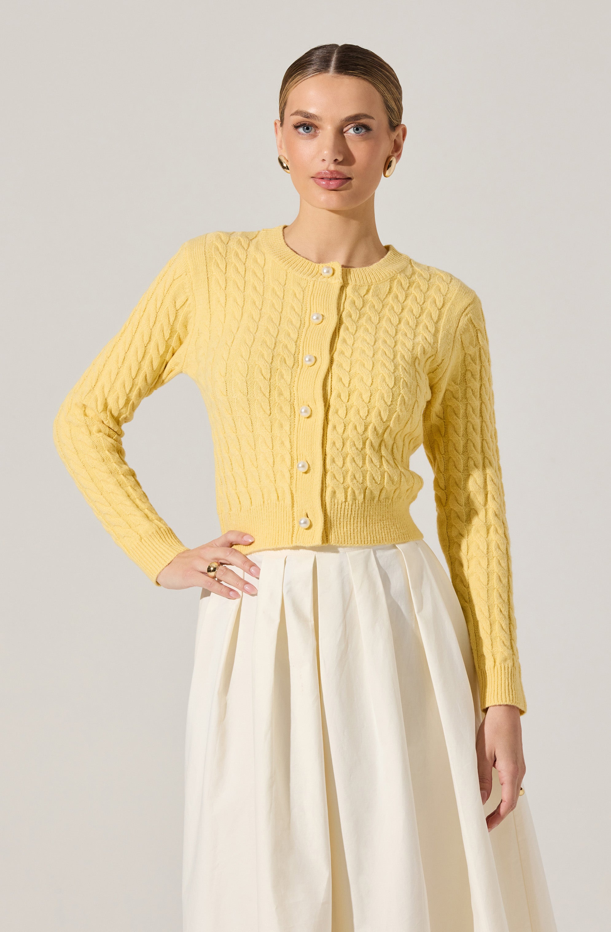 Pearl Button Cable Knit Cardigan