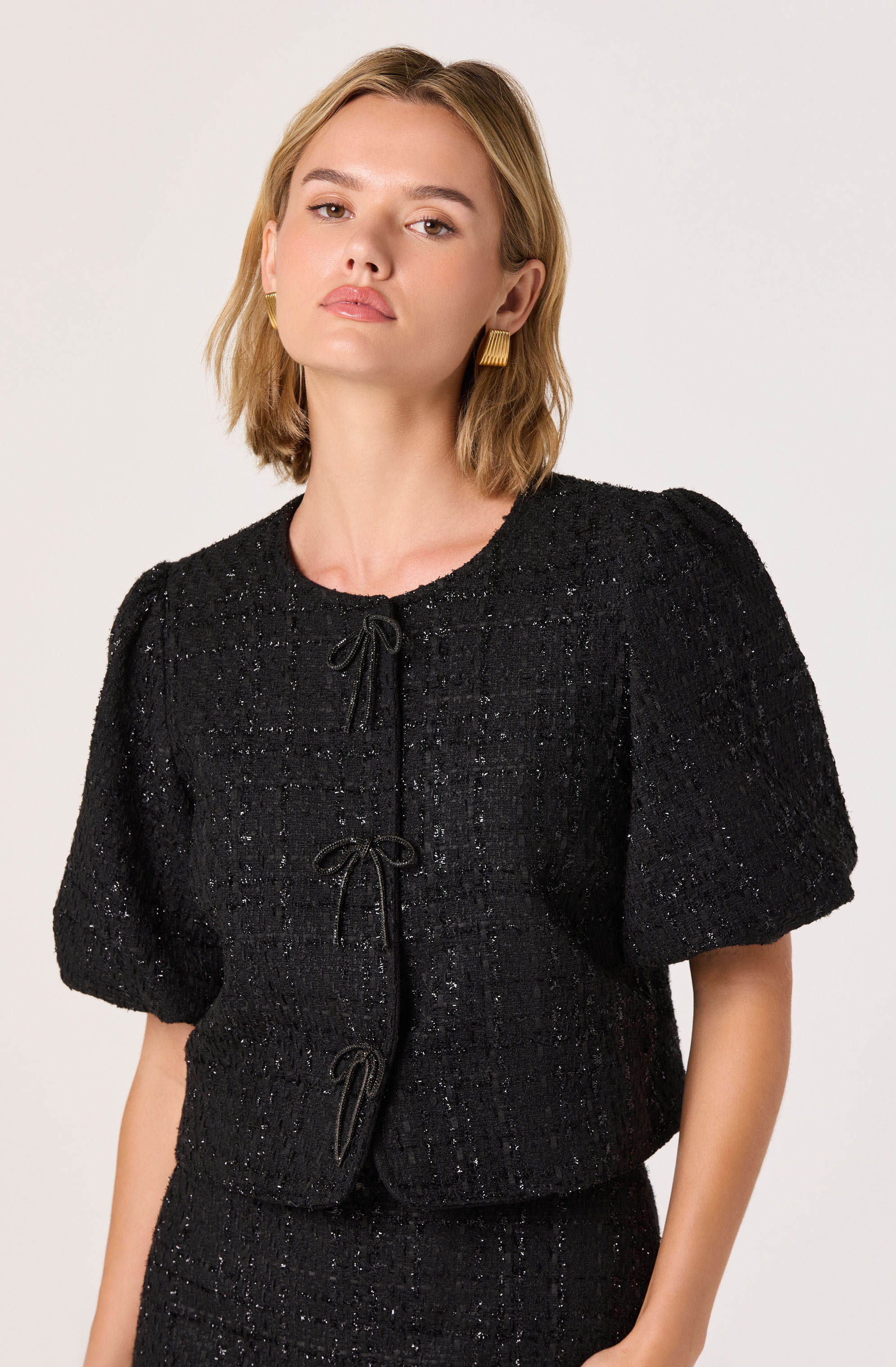 Tweed Puff Sleeve Bow Jacket