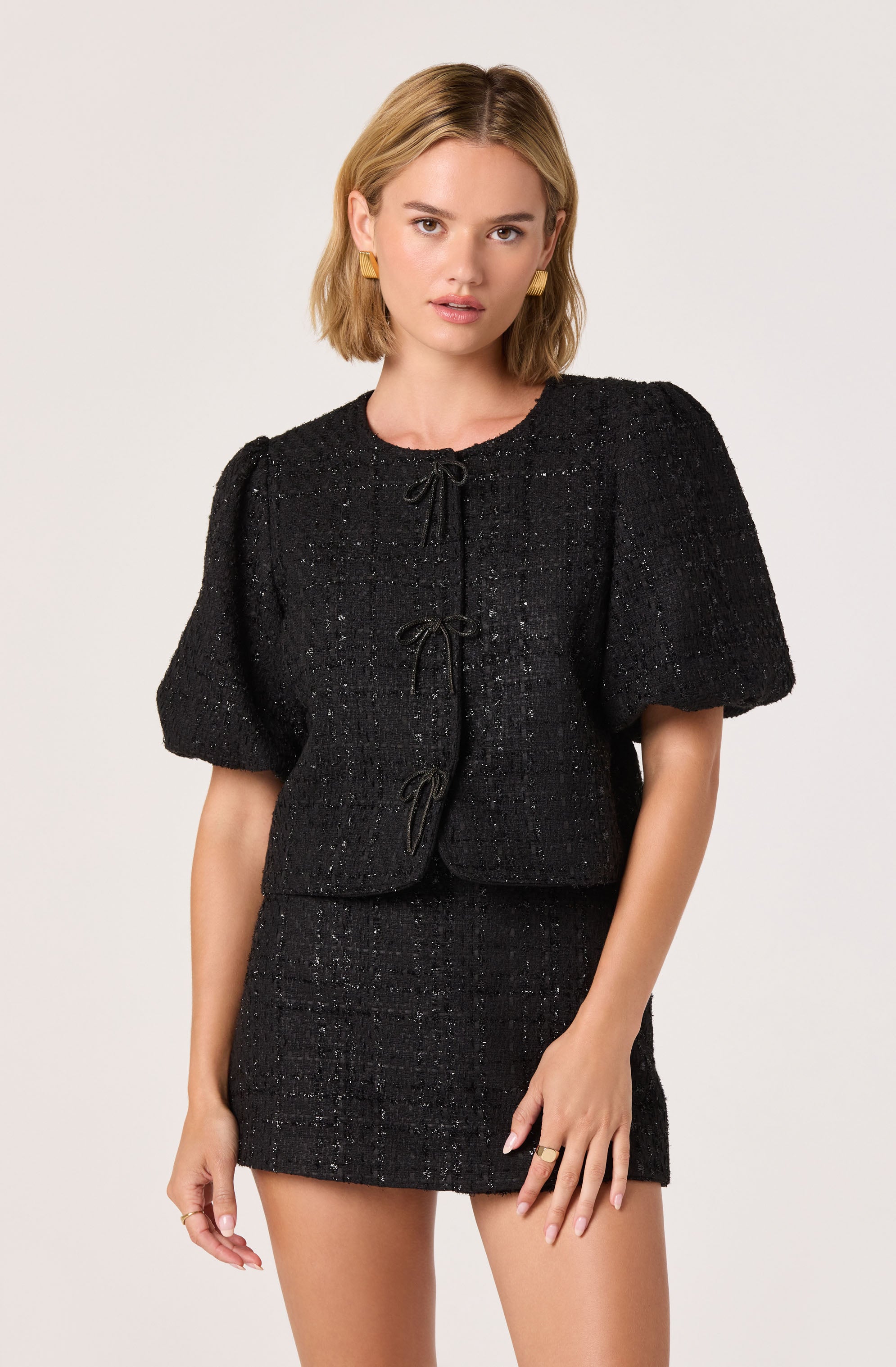 Tweed Puff Sleeve Bow Jacket