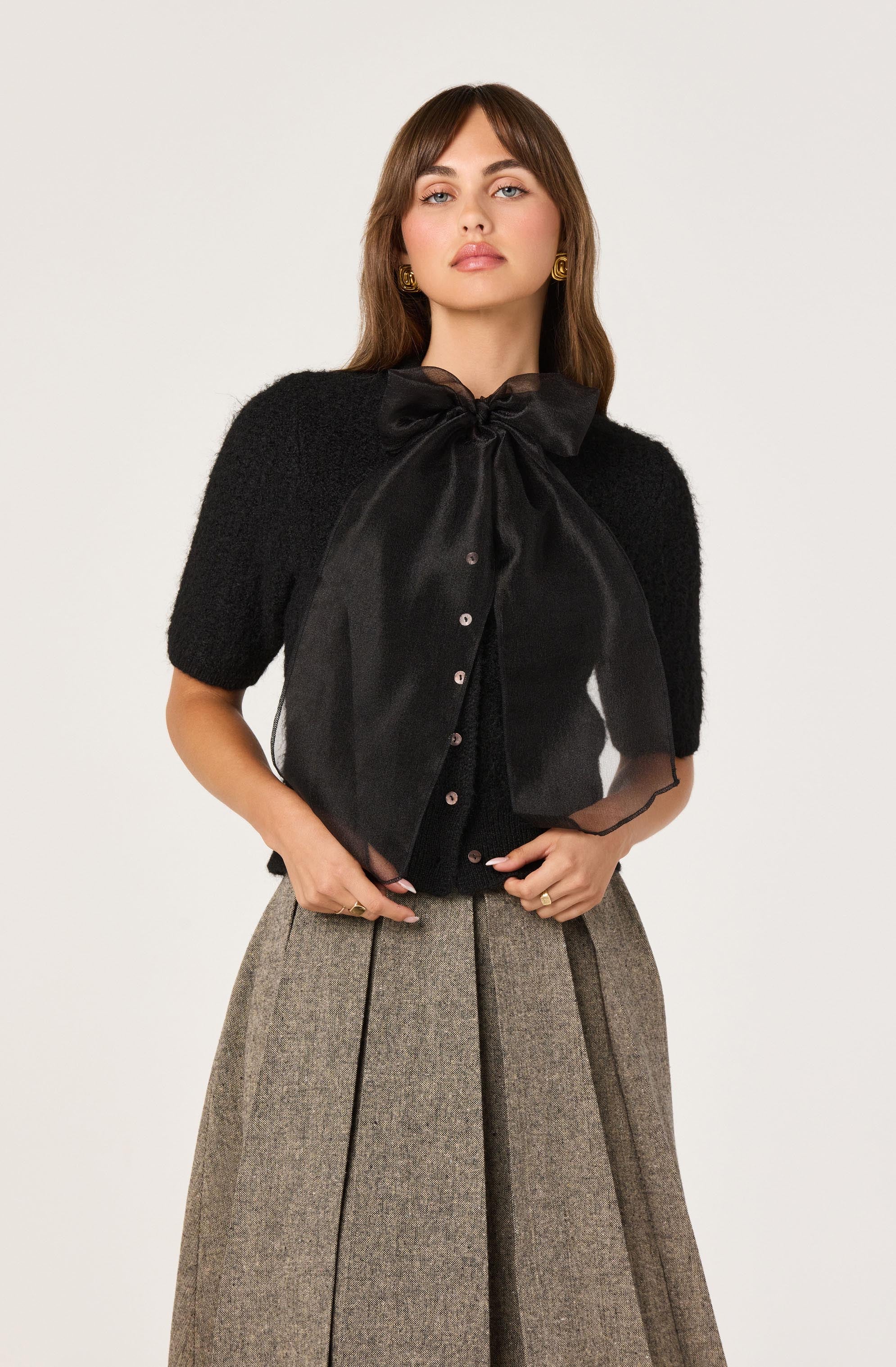 Organza Bow Short Sleeve Cardigan