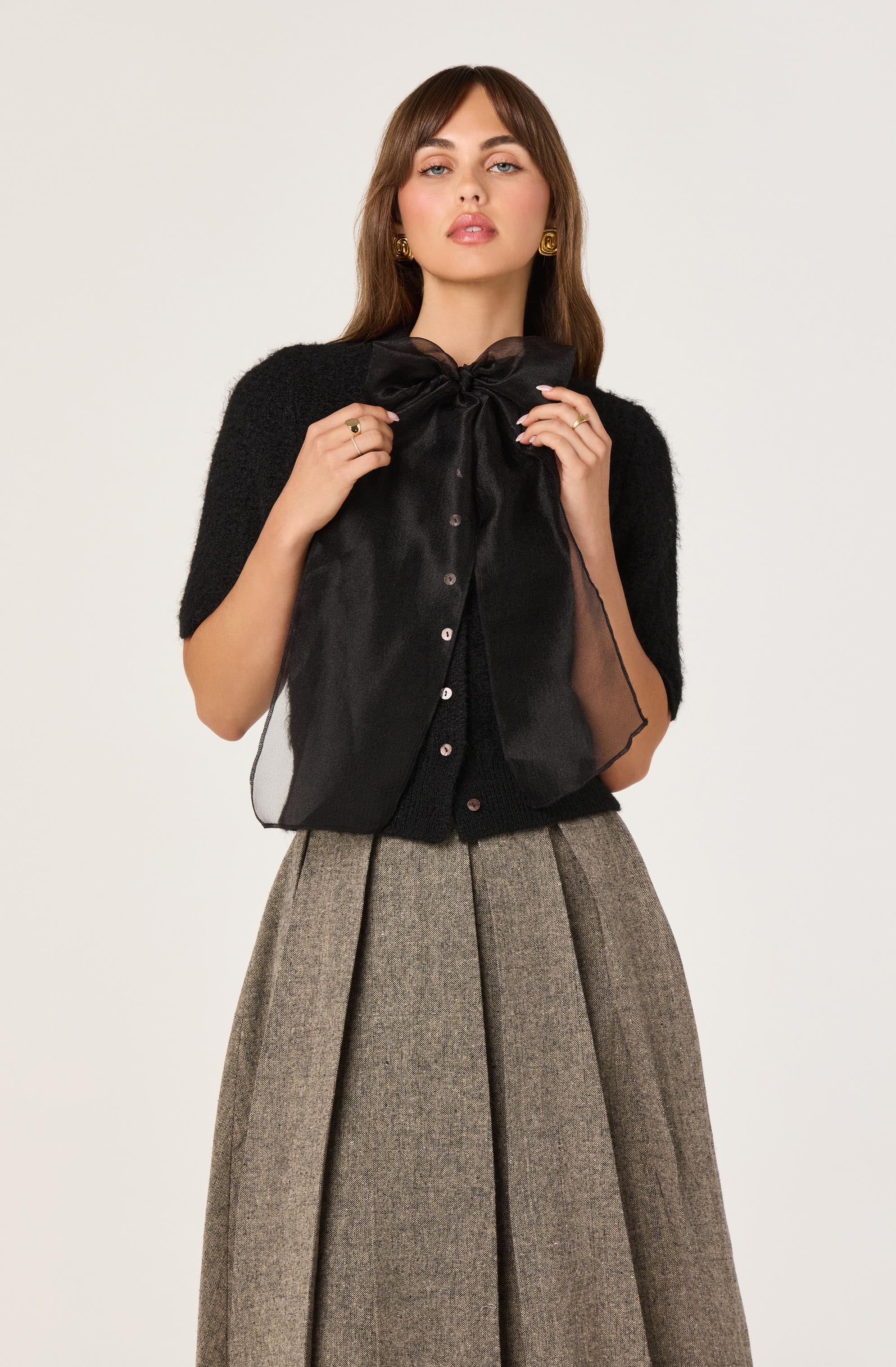 Organza Bow Short Sleeve Cardigan