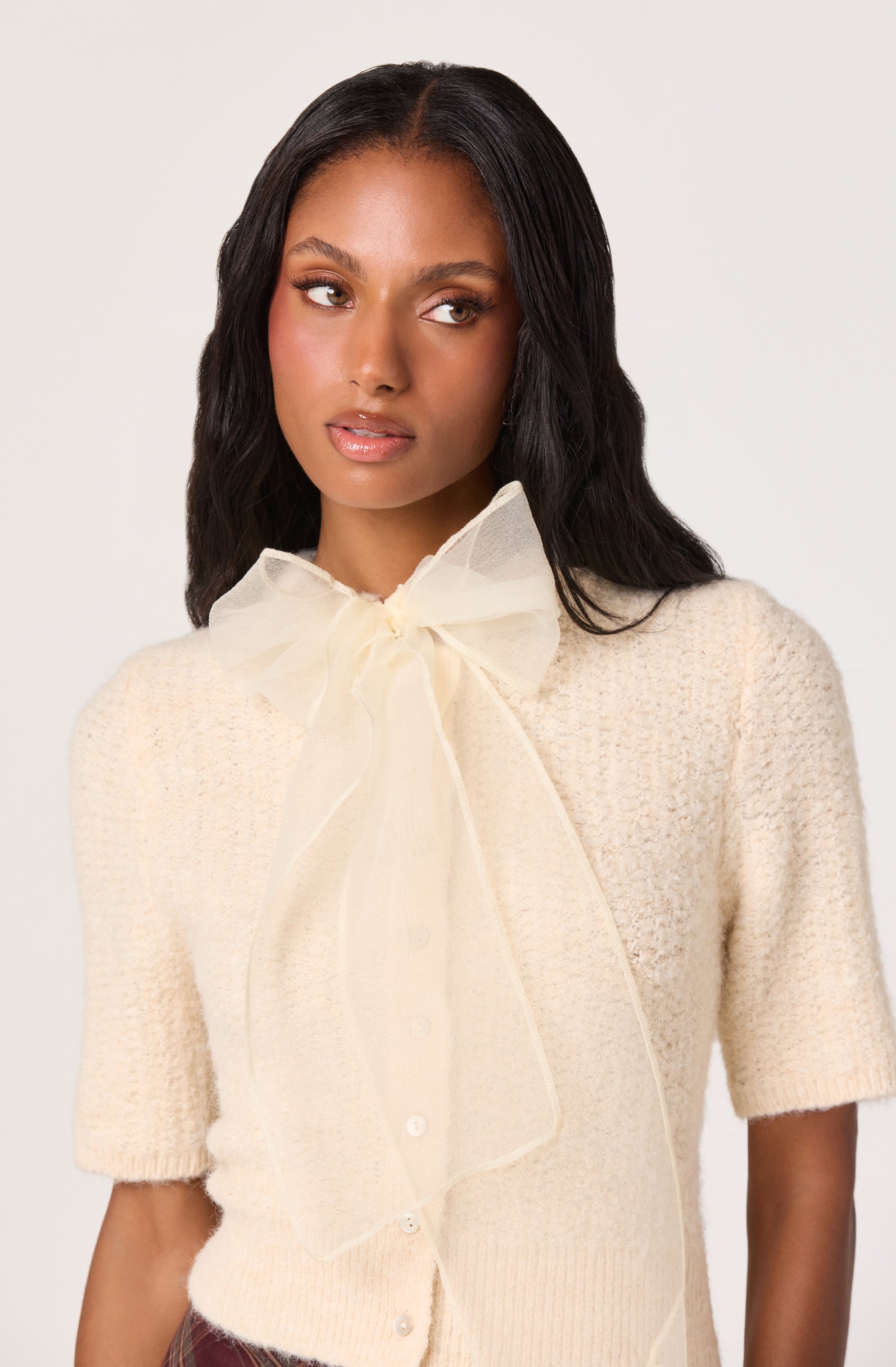Organza Bow Short Sleeve Cardigan