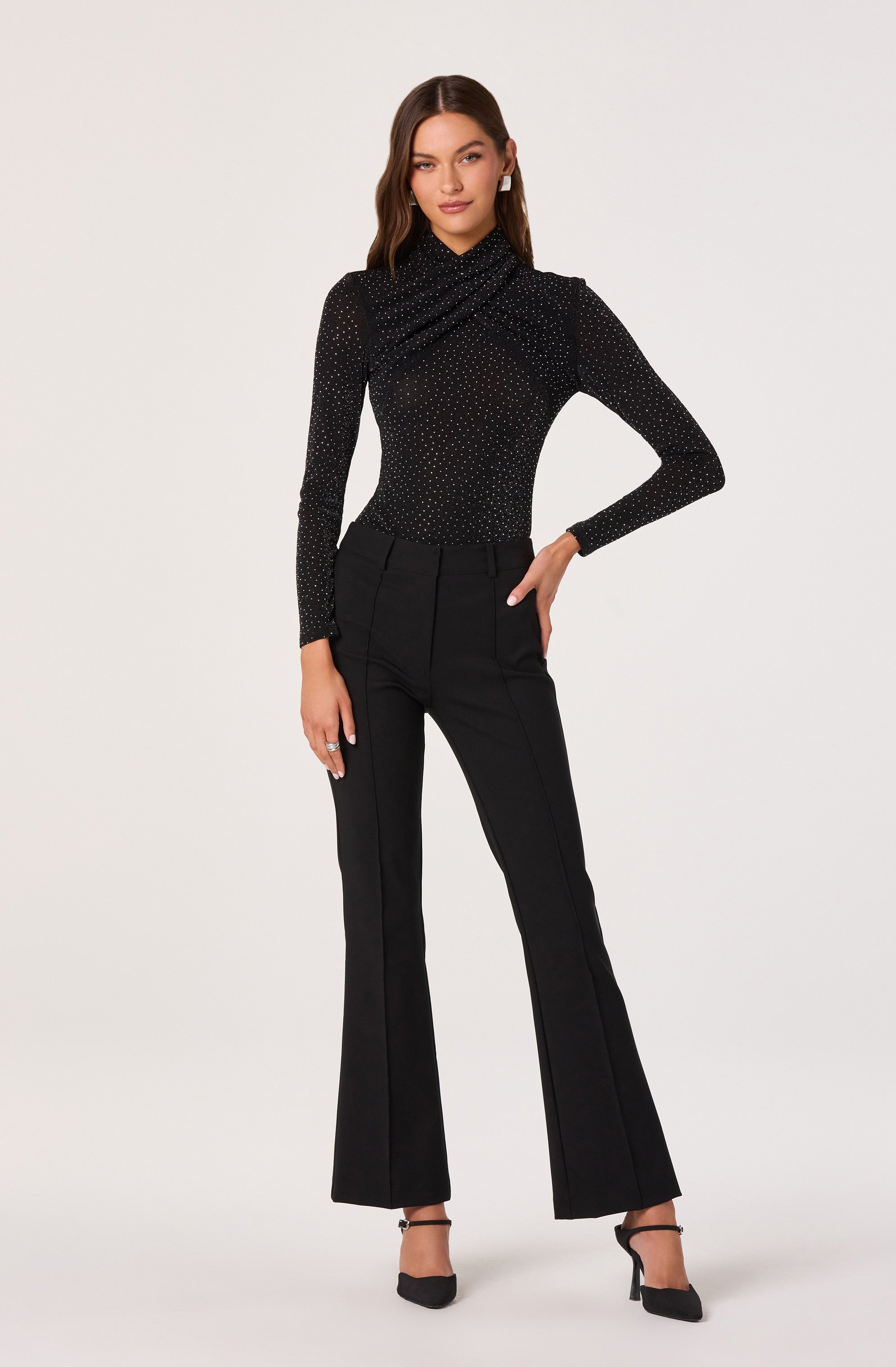 Embellished Crossover Mock Neck Top