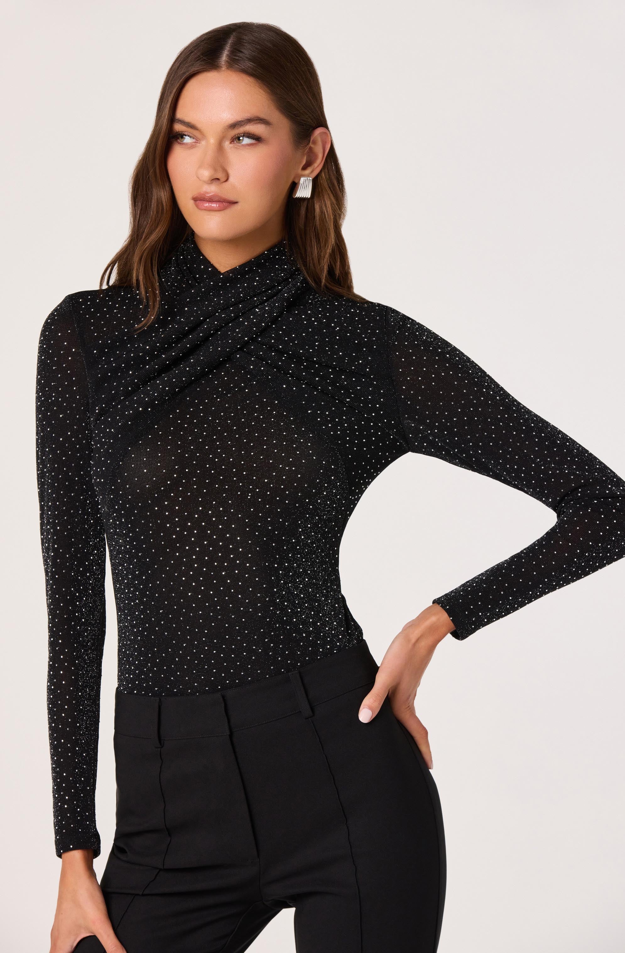 Embellished Crossover Mock Neck Top