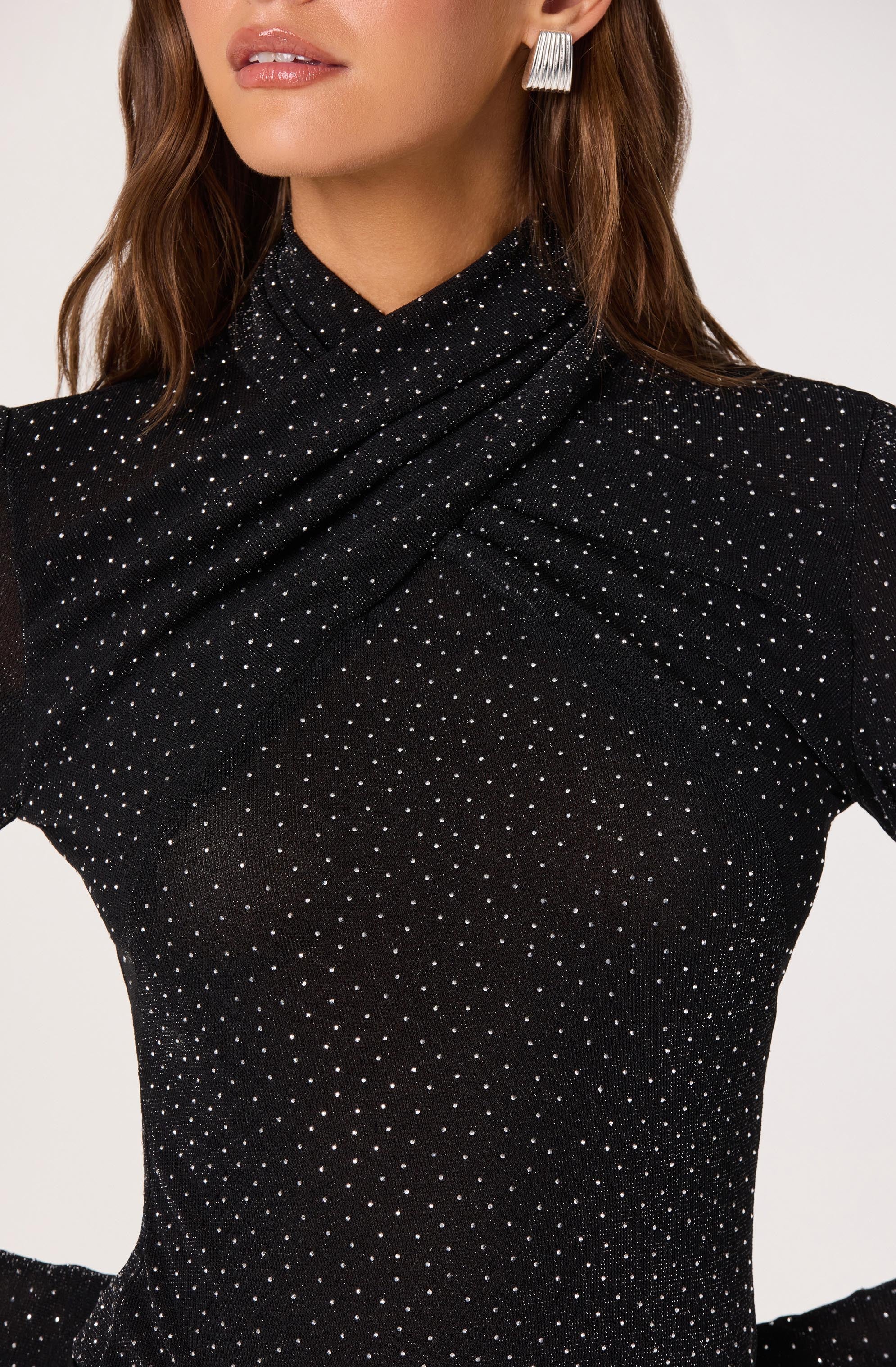 Embellished Crossover Mock Neck Top