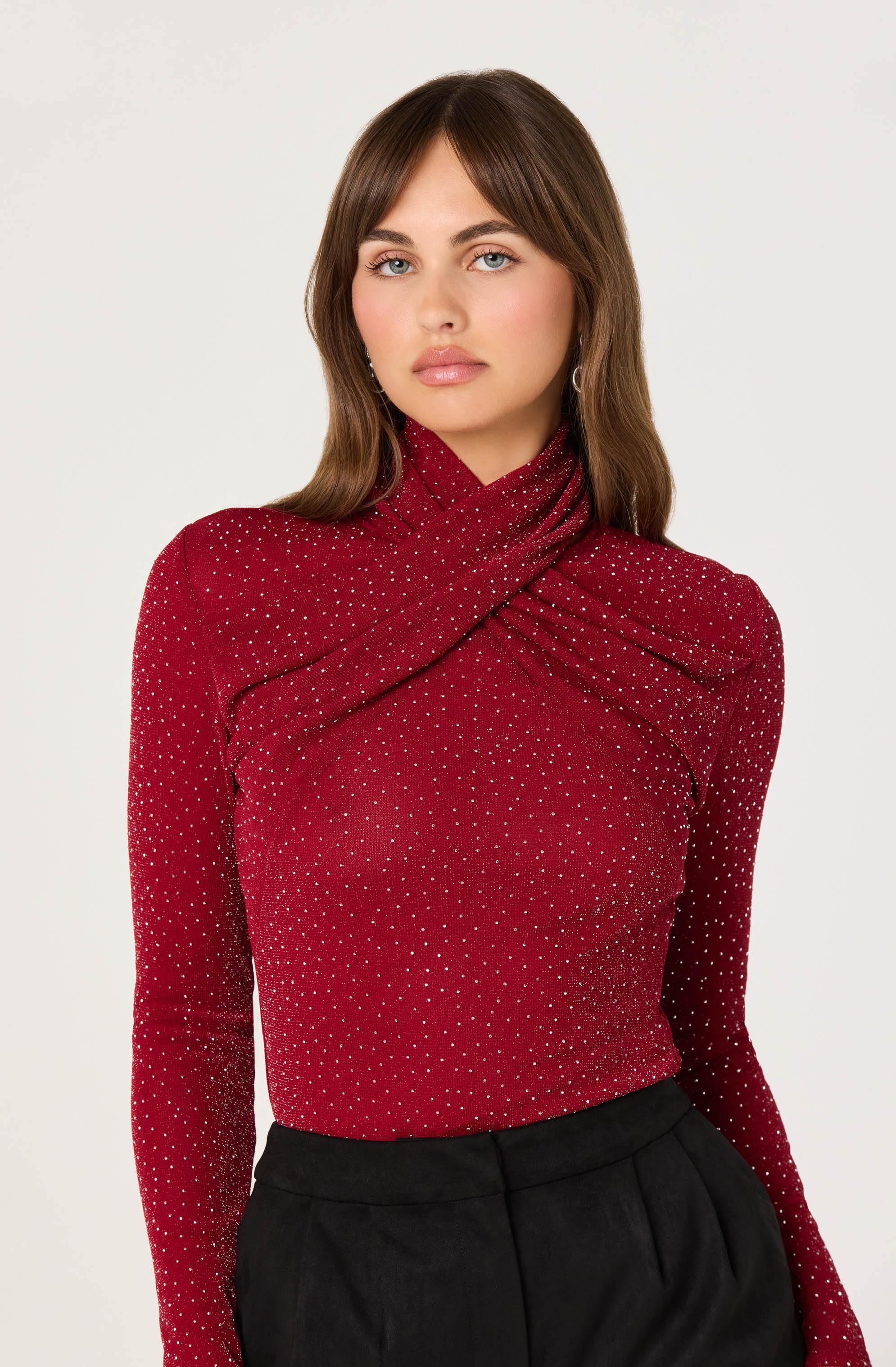 Embellished Crossover Mock Neck Top