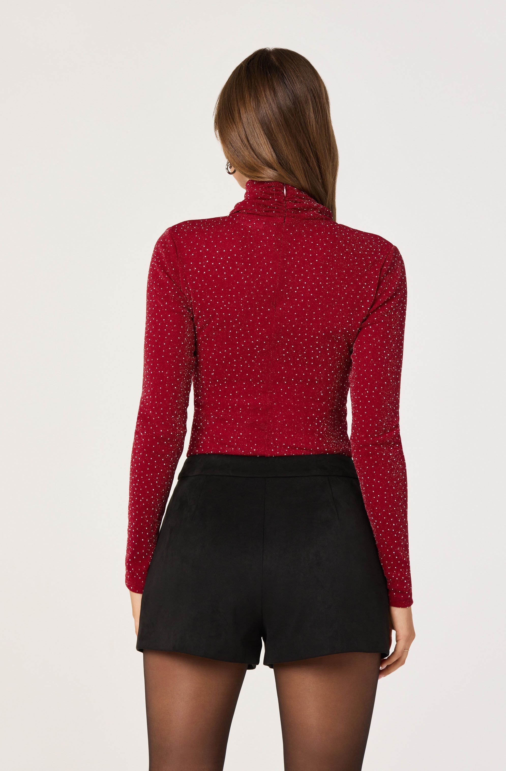 Embellished Crossover Mock Neck Top