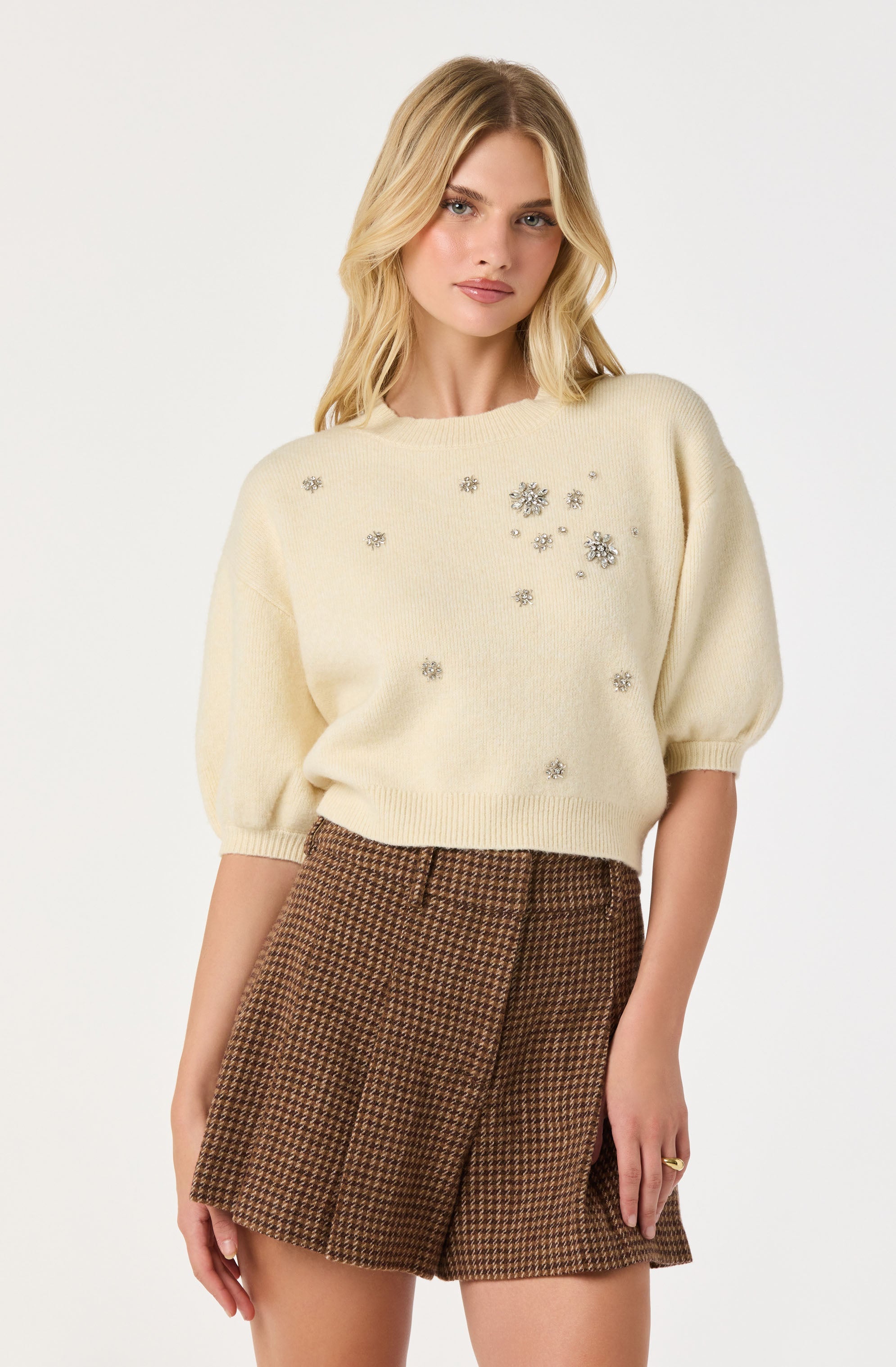 Jewel Embellished Puff Sleeve Sweater