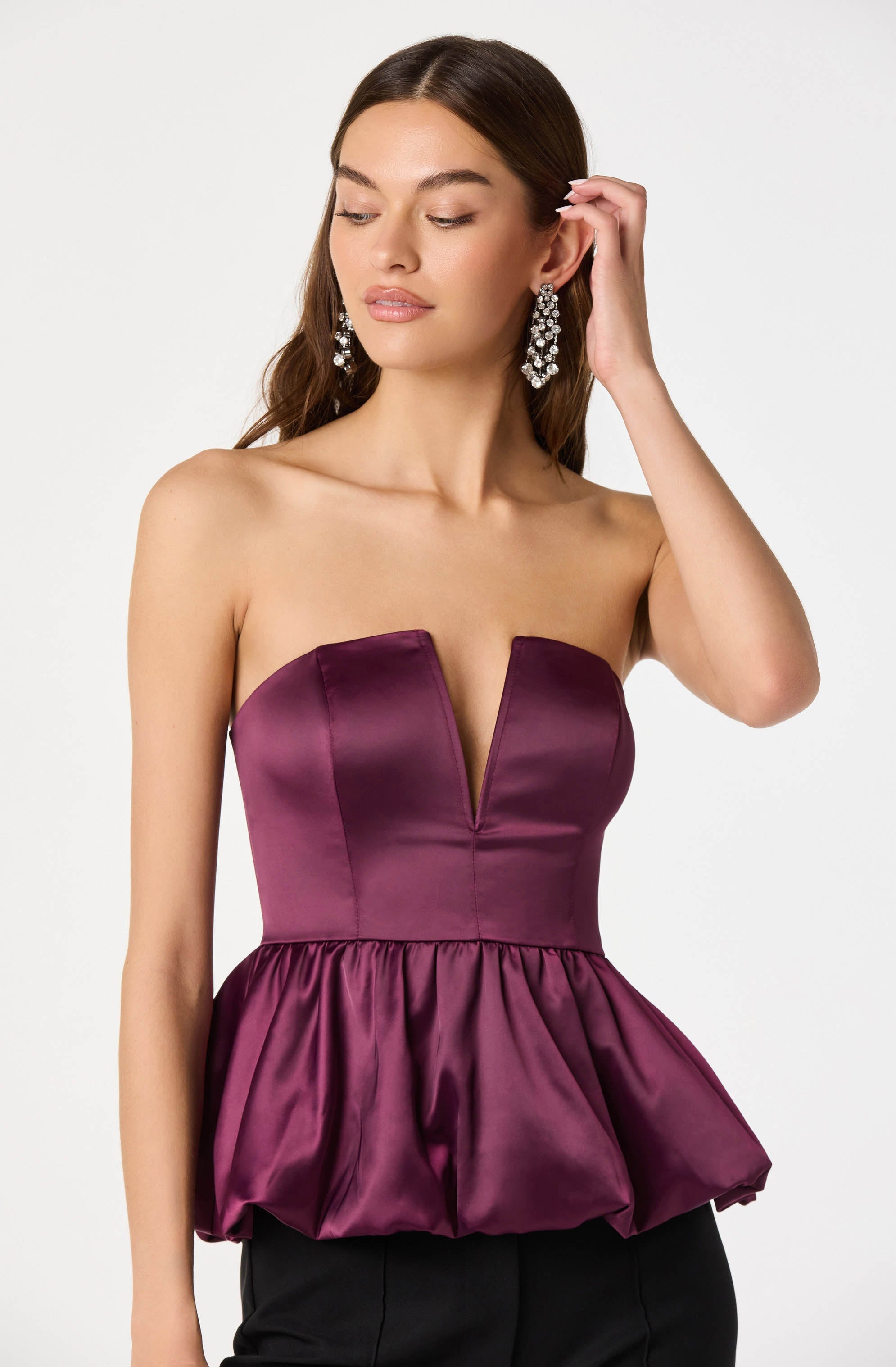 Satin Strapless Plunge Peplum Top