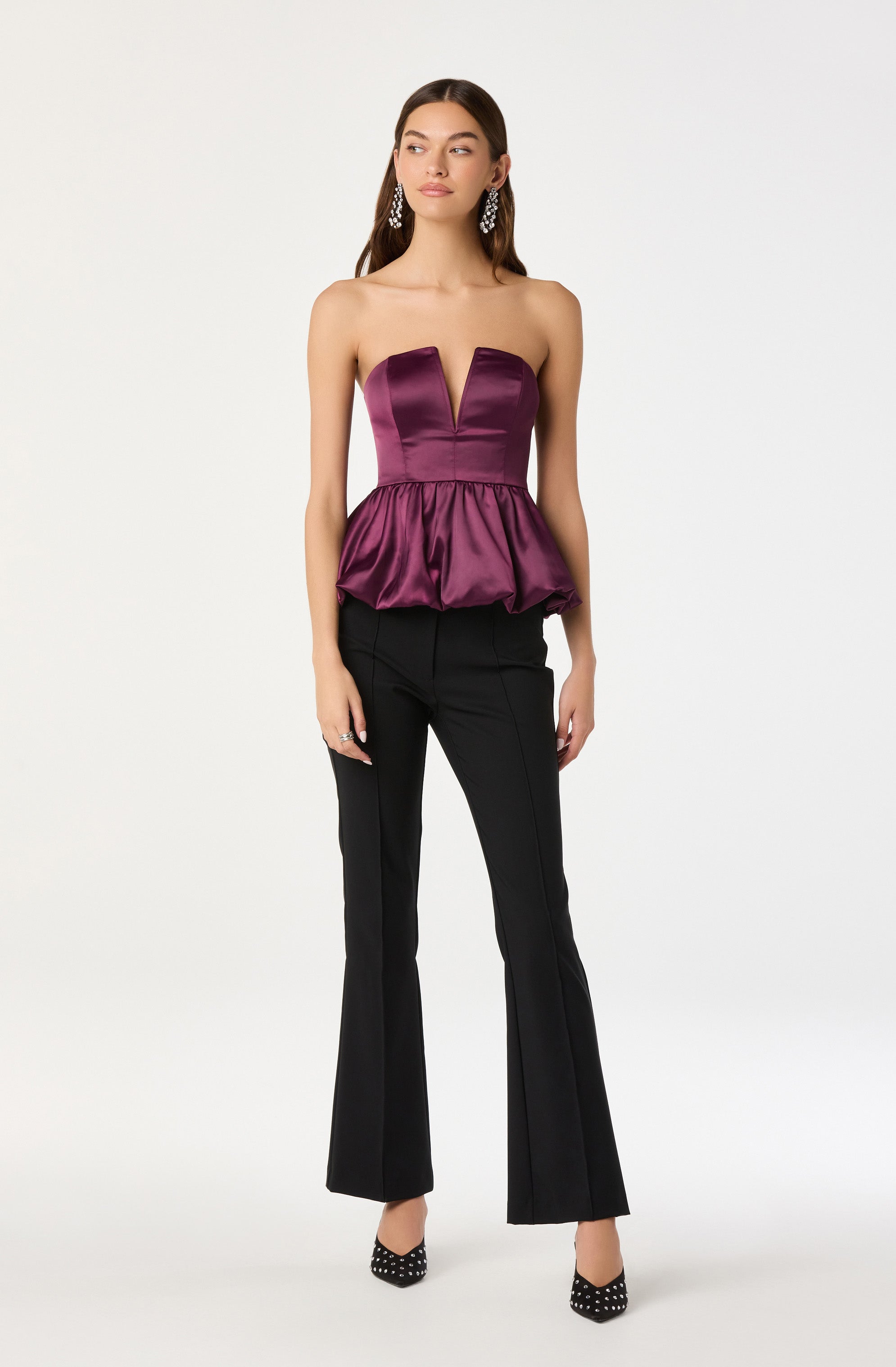 Satin Strapless Plunge Peplum Top