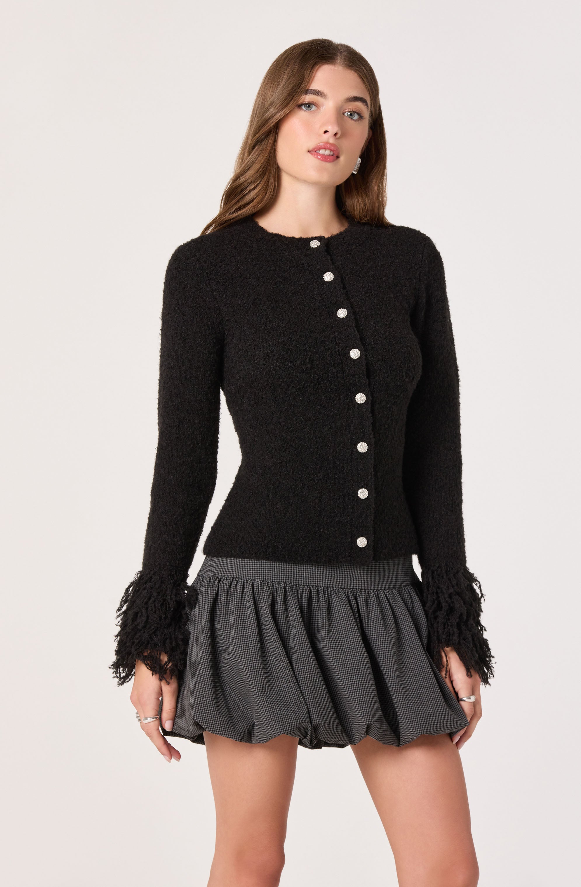 Fringe Sleeve Crewneck Cardigan