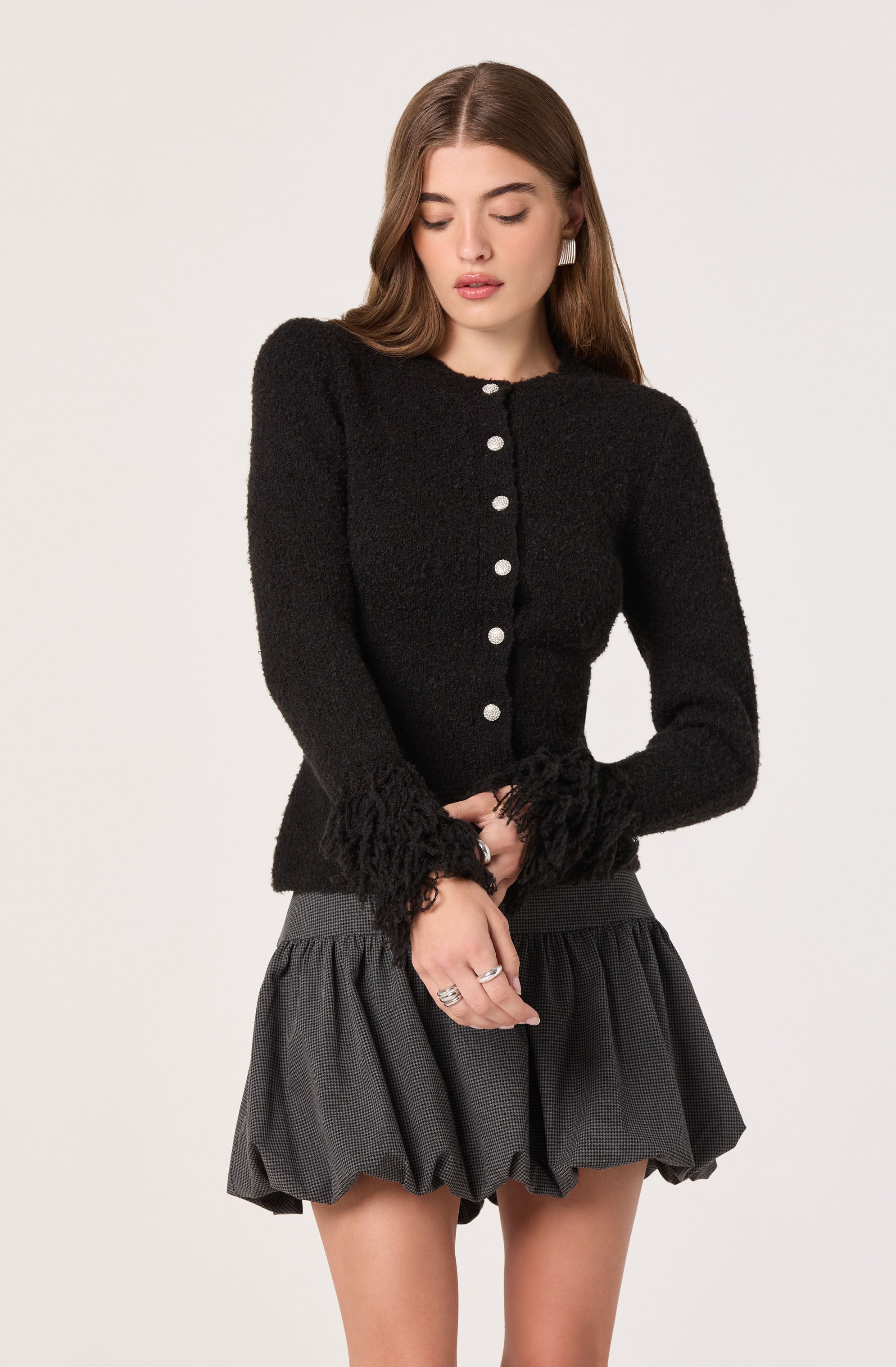 Fringe Sleeve Crewneck Cardigan