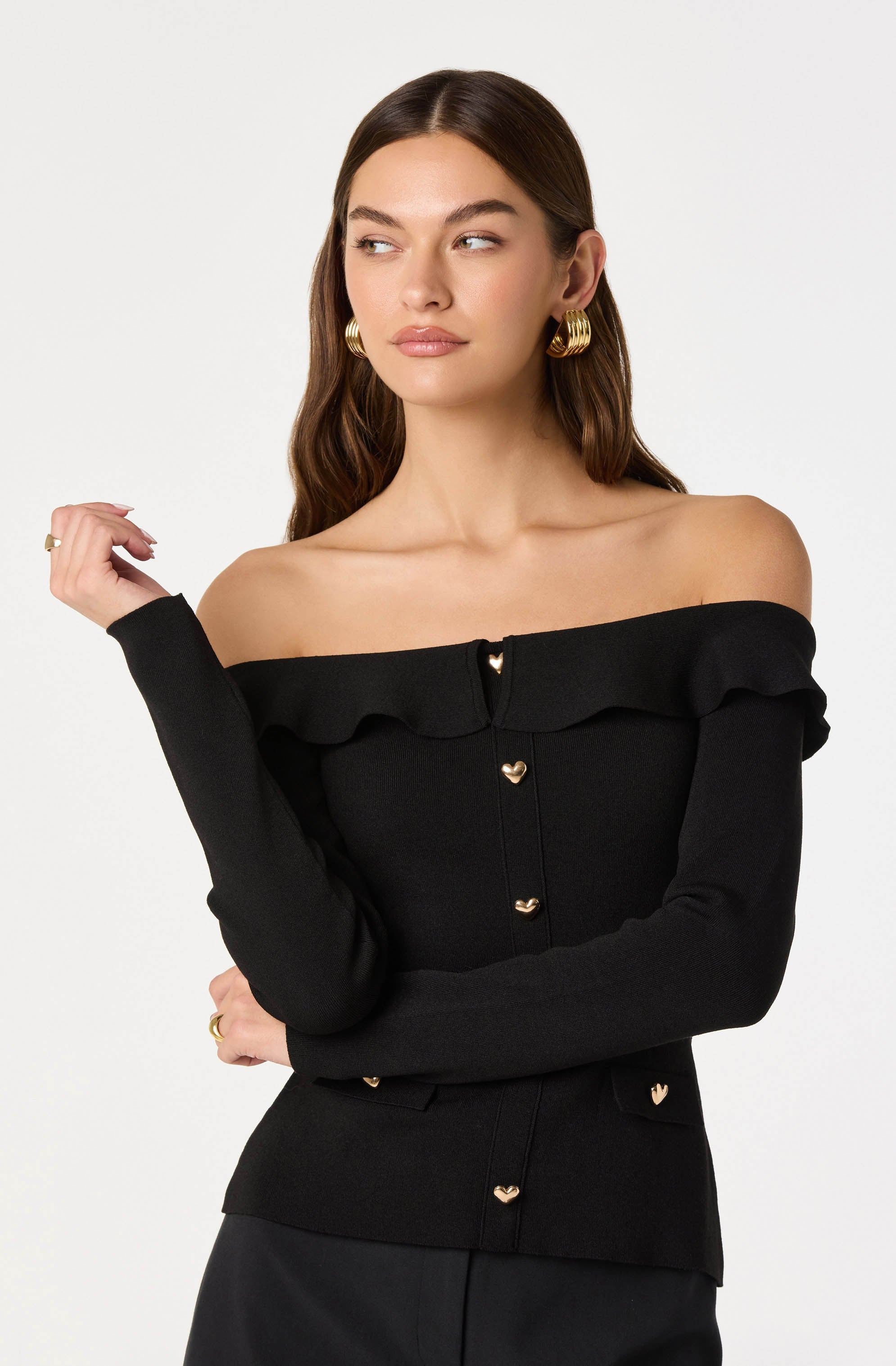 Off Shoulder Foldover Ruffle Sweater