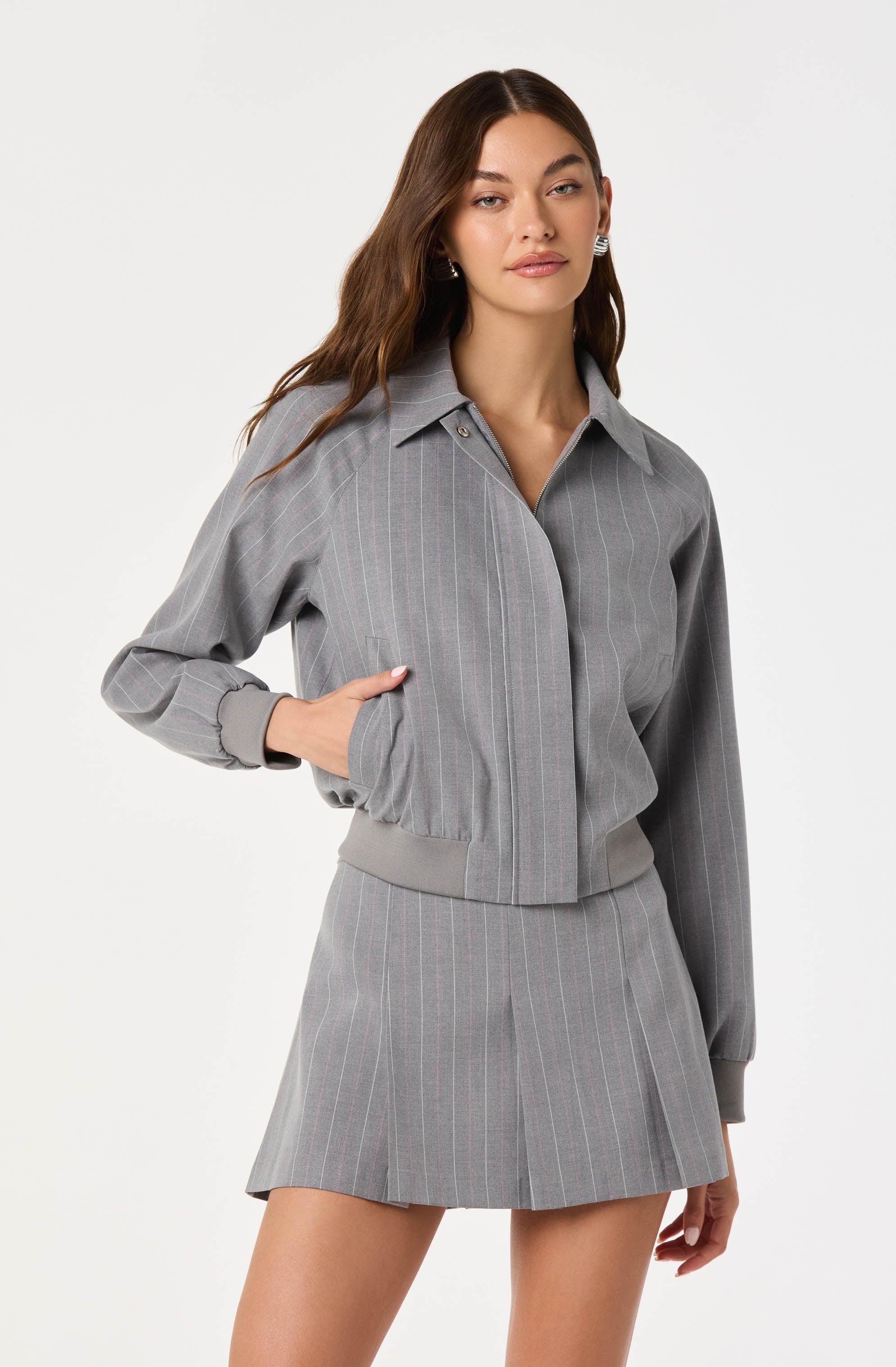 Pinstripe Collared Bomber Jacket