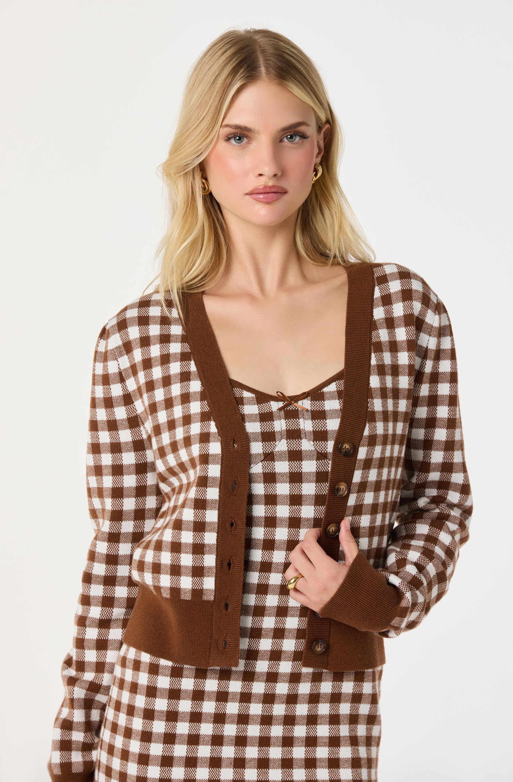 Gingham Contrast V-Neck Cardigan